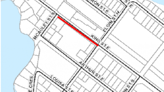 Map of affected area between King Street East and McAuley Street south