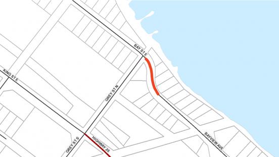 Map indicating road closure location on Bay Street East from Grey Road North to 208 Bay Street East