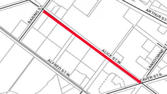 A map showing Alice Street West from Beaver Street South to Baring Street