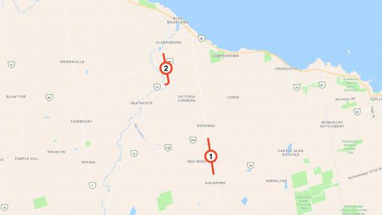 Map showing locations of Grey County Road Projects