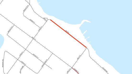 Map showing location of road closure on Bay Street East