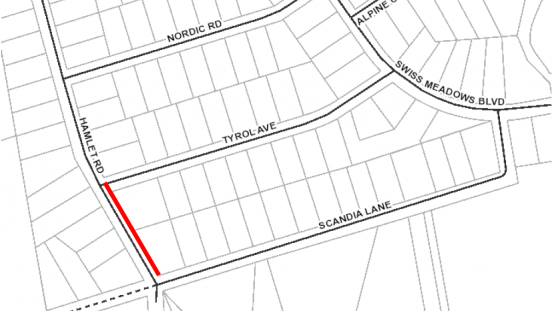A map showing Hamlet Road being closed between Tyrol Ave and Scandia Lane in Swiss Meadows