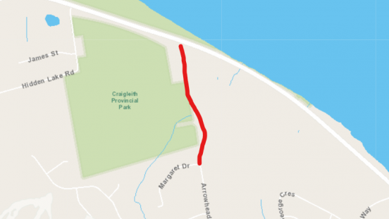 A map showing Arrowhead Road closed from Highway 26 to Margaret Drive