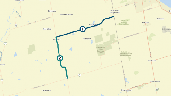 Map showing locations of Grey County road projects