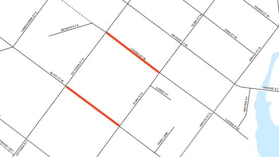 Map showing locations of closures on Louisa Street and Alice Street
