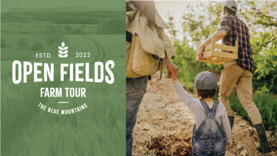 Open Fields Farm Tour. A family is shown in an orchard