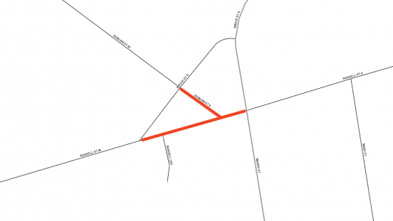 Map showing extents of road closures on Russell Street West and Duncan Street East