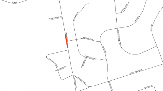 Map showing location of lane restriction on Arrowhead Road