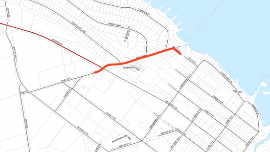 map showing location of lane restrictions on Peel Street and Bay Street