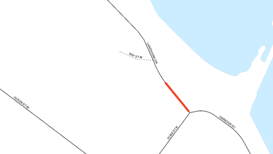 map showing location of lane restriction on Bay Street West