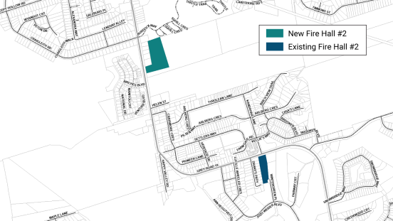Map showing location of existing fire hall in comparison to future fire hall