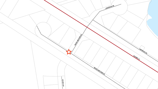 Map highlighting location of lane restriction on Woodland Park Road