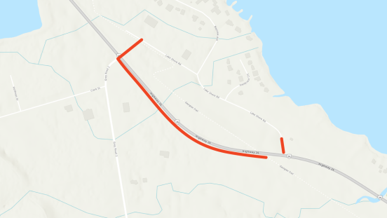Map showing location of proposed work along Highway 26 between Grey Road 2 and Lake Shore Road