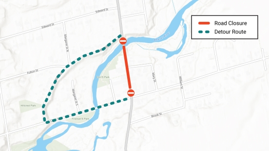 Map showing location of road closure and detour route