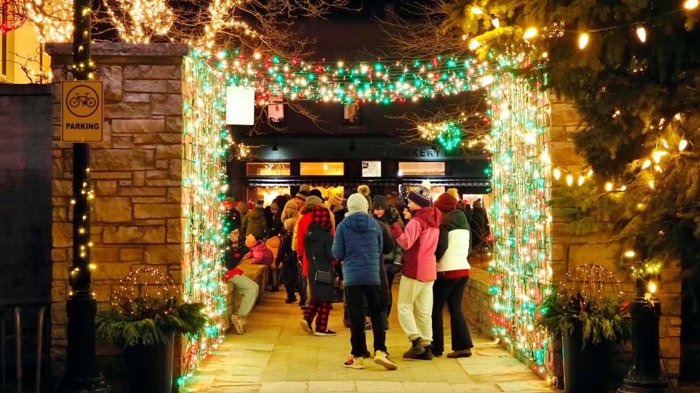 people standing in alley lit with Christmas lights