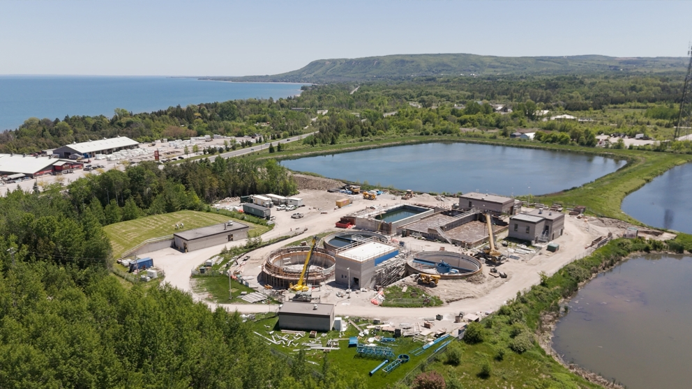 Aerial view of Thornbury Wastewater Treatment Plant under construction with escarpment in background
