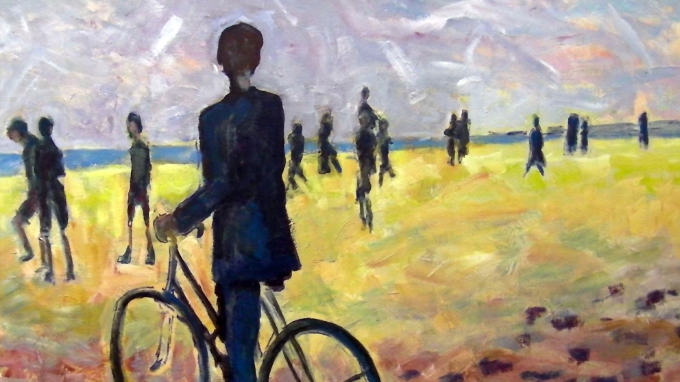 Painting done by Paul Russell showing silhouettes of people on yellow and purple background
