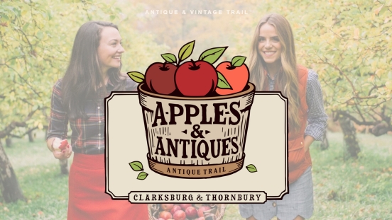 Apples and Antiques logo overlaid on image of two women walking in orchard