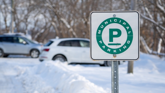 Municipal Parking Lot sign in winter