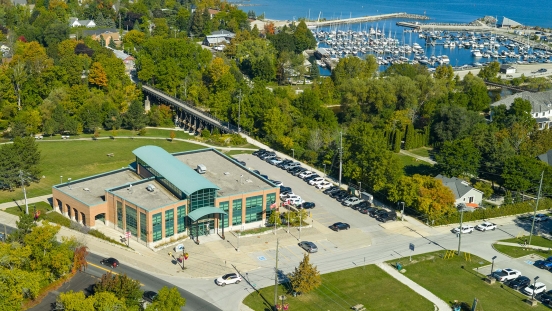 Drone photo of Town Hall with Harbour in background
