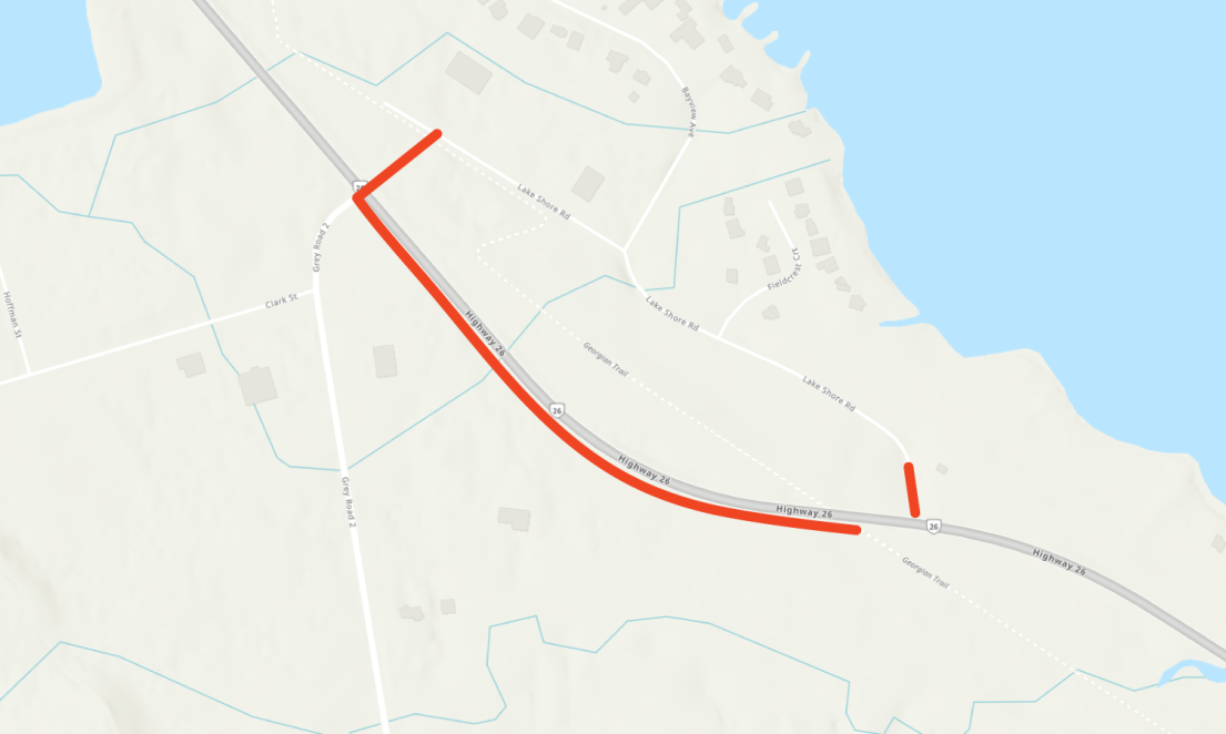 Map showing location of proposed work along Highway 26 between Grey Road 2 and Lake Shore Road