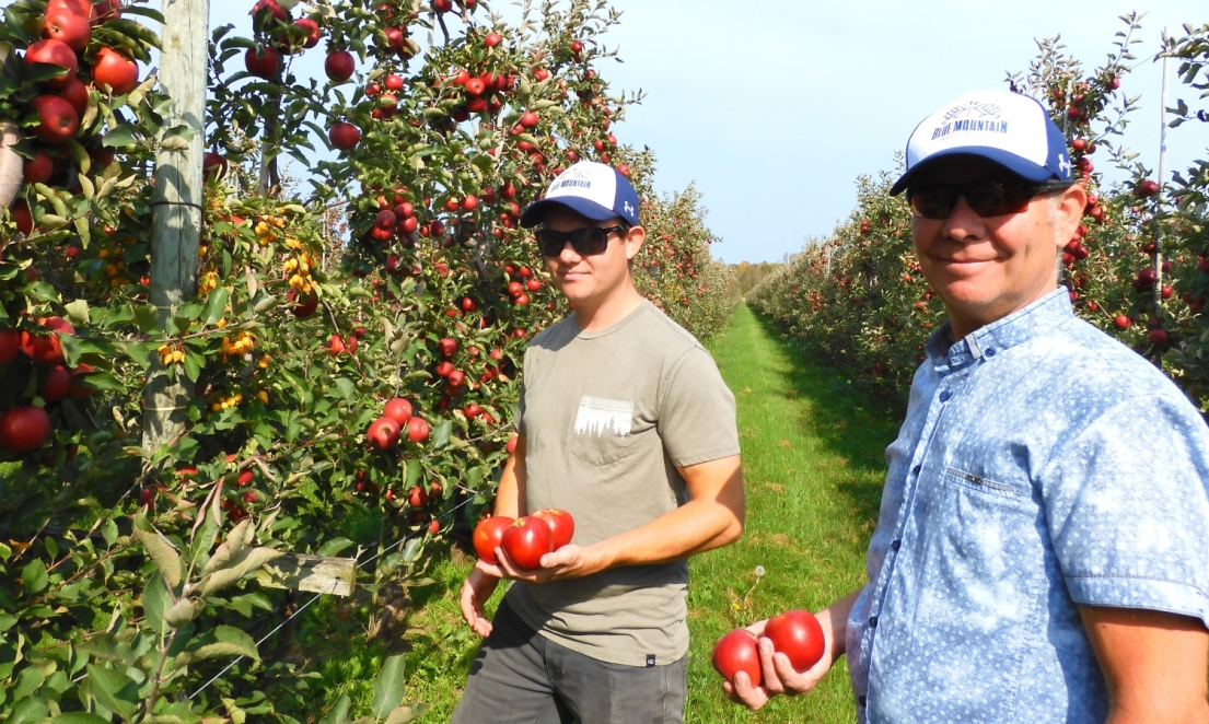 Gerbe and Marius in the orchard holding apples