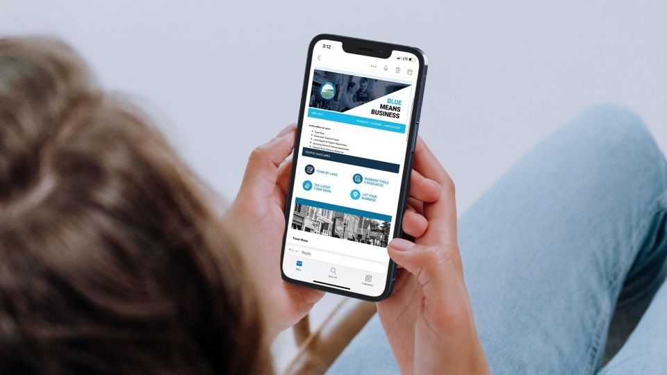 Person looking at Blue Means Business newsletter on phone