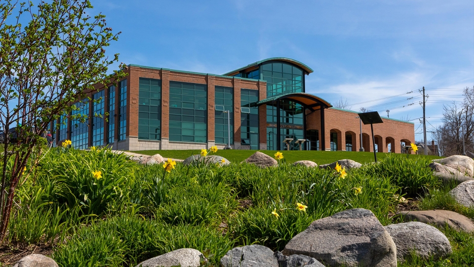Town Hall in spring with flower bed in foreground