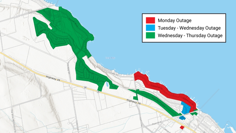 Map showing locations of water outages through Lora Bay and Peel Street