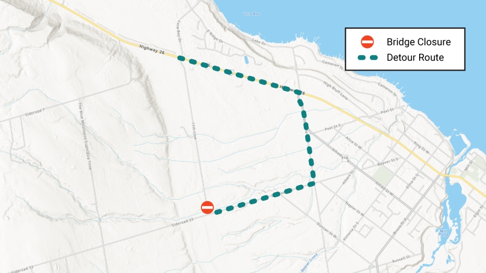 Map showing location of closure and detour route