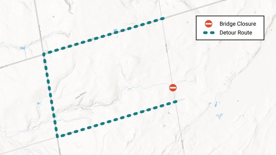 Map showing closure and detour route