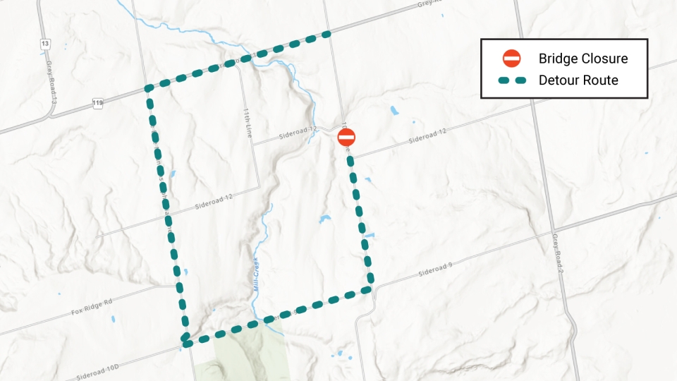 Map showing location of closure and recommended detour
