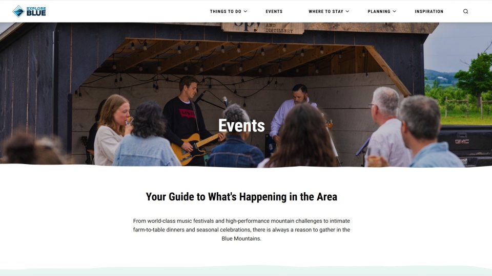 Screenshot of Explore Blue Events web page